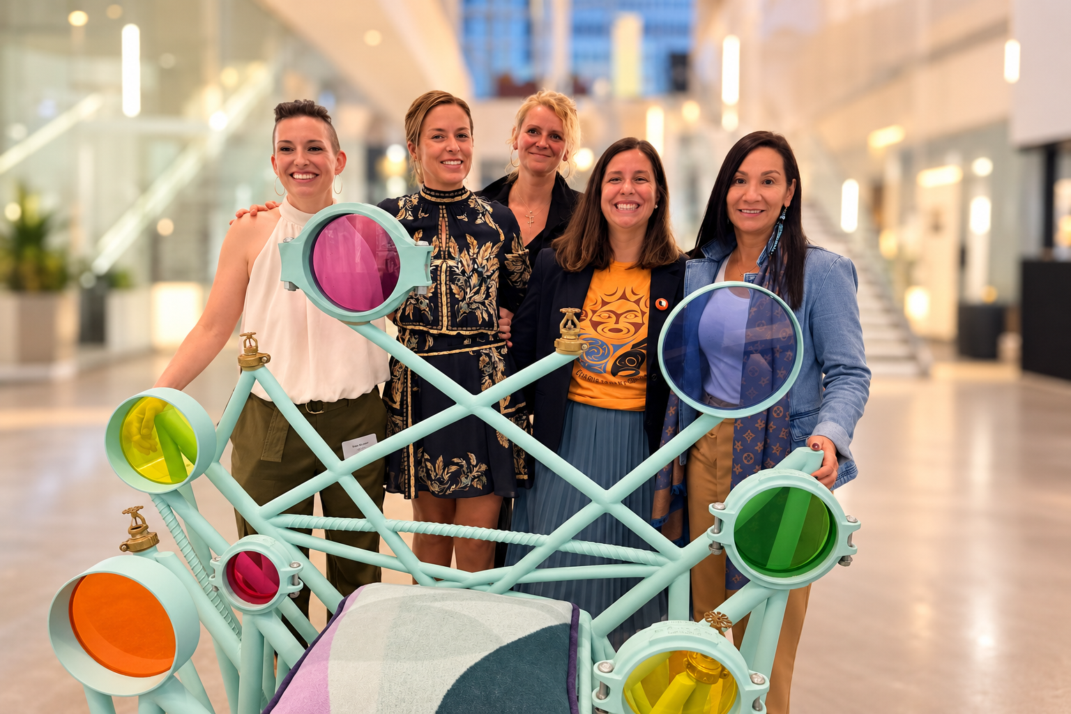 Five Women with a Colourful Art Chair